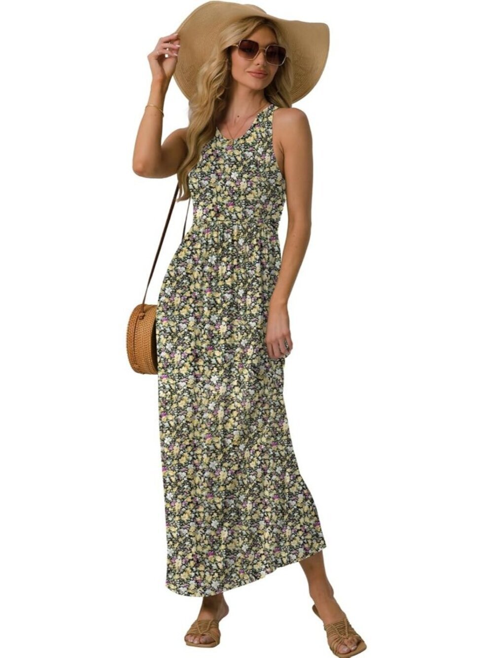 Women's Floral Black Yellow Sleeveles Casual Long Tank  with Pockets Maxi Dress - Picture 4 of 6